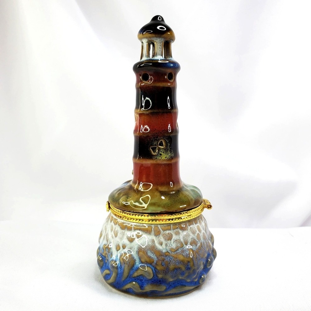 Lighthouse Trinket Box Hand-Painted Gold Butterfly Clasp 5.75" Tall Coastal - Picture 8 of 9